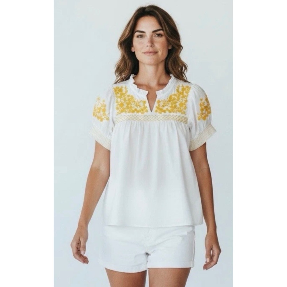 J.Crew Womens White Yellow Floral Embroidered Cotton Shirt Blouse Size Medium